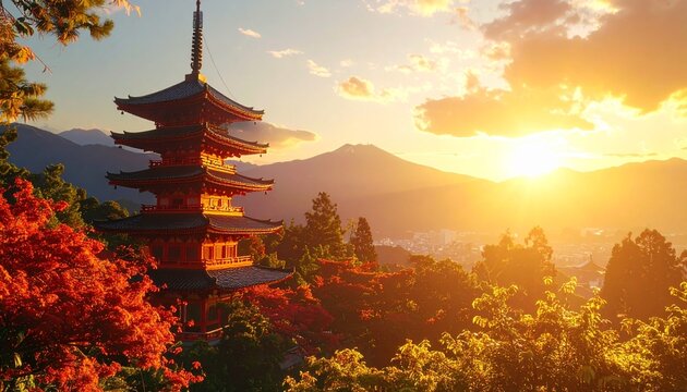 Stunning pagoda at sunset over autumn foliage