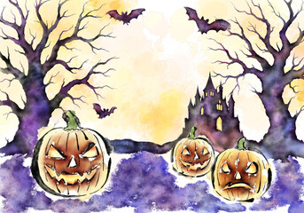 수채화, 수묵화 기법으로 그린 할로윈 카드용 이미지 손그림 일러스트.