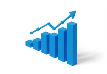 Blue 3d bar chart with upward trend arrow isolated on white background