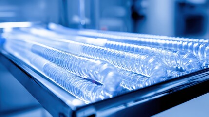 Transparent Plastic Tubes on a Metal Tray in Laboratory Setting