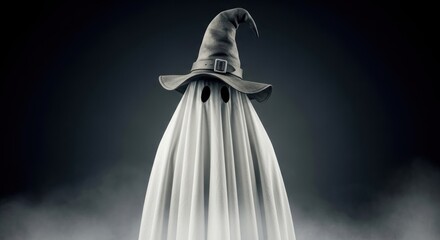 A ghostly figure in a witch's hat, surrounded by mist and smoke, against a dark, moody background.