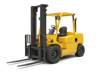 Yellow forklift truck with black forks and seat isolated on white background