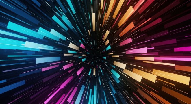 Abstract explosion of colorful light streaks in a dark void