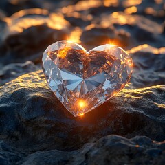 Fototapeta premium A heart-shaped diamond rests on a rough, dark rock surface, bathed in warm, golden sunlight. high resolution for isolate image