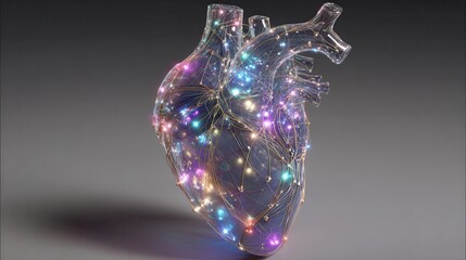 3D Render of Heart Sculpture with Colorful Lights and Glow Effect