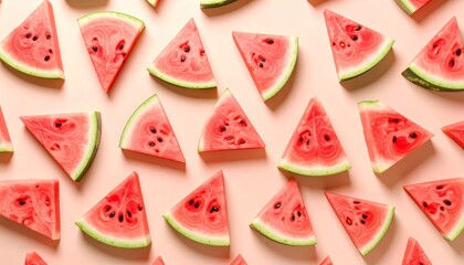 Vibrant watermelon slices are arranged beautifully on a pastel pink background evenly.