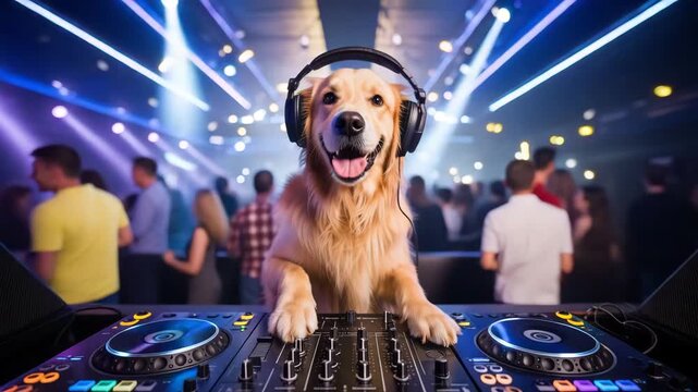 Funny dog DJ at nightclub party with headphones mixing music, energetic dance floor crowd, colorful lights entertainment background
