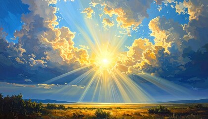 Dramatic sun rays breaking through a vast cloudy sky over a golden field