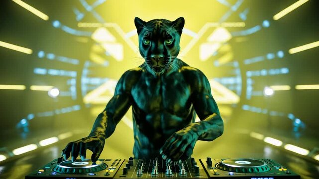 Futuristic black panther DJ mixing electronic music with neon lights, cyberpunk nightclub stage, powerful fantasy animal performance
