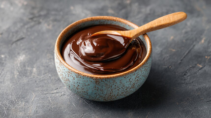 Close up of a bowl filled with smooth chocolate sauce and a wooden spoon on a gray surface
