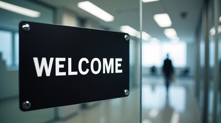 A black "WELCOME" sign on glass, with a blurred office hallway and a figure in the background.