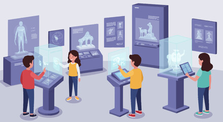 Fototapeta premium Children explore interactive exhibits at a modern museum using holographic technology.