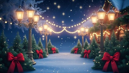 Enchanting winter christmas scene with snow lined pathway and illuminated festive decorations