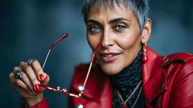 A woman in a red leather jacket holding a pair of red sunglasses