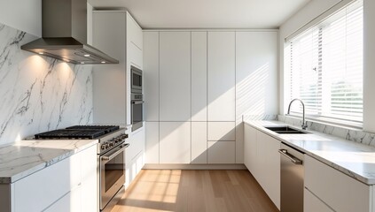 A modern kitchen with white cabinets, stainless steel appliances, marble countertops and backsplash, and wooden flooring.