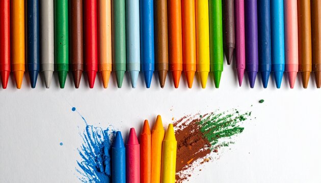 Colorful crayons arranged in a row, with splashes of color below - Powered by Adobe