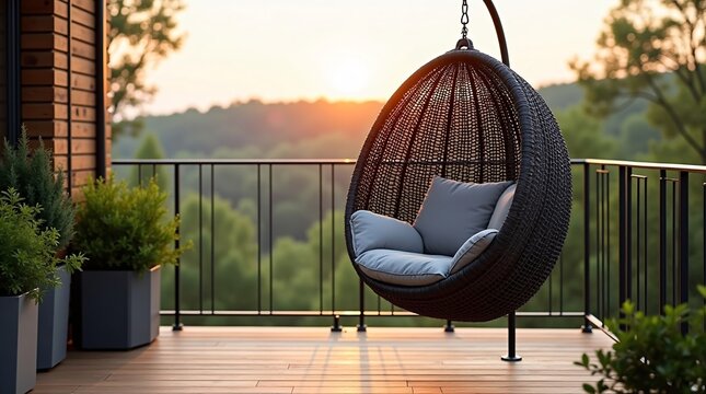 A hanging wicker chair with cushions on a balcony, overlooking a sunset and forested landscape.