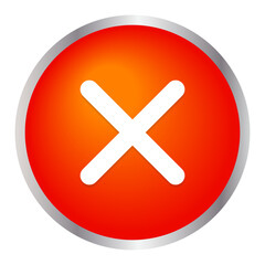 Obraz premium Glossy red circular button with white cross, 3D cancel or reject error icon, warning or delete symbol for UI and apps, PNG with transparent background