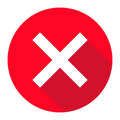 Red circular cancel icon with white cross, flat button style with long shadow effect, modern reject or error symbol, PNG with transparent background