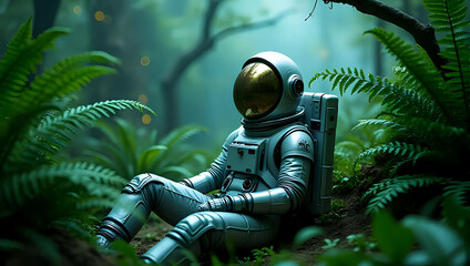 Futuristic astronaut in reflective chrome spacesuit rests among magical forest foliage, dreamlike atmosphere, sci-fi nature scene - advanced technology for surreal, space exploration concept