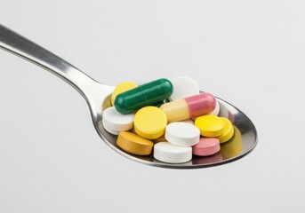 Assortment of colorful pills and capsules on a spoon isolated on white background