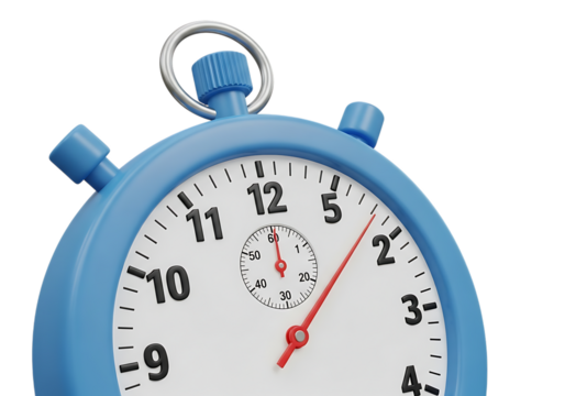 Illustration of closeup of a blue stopwatch isolated on transparent background, showing the time on its dial with red hands on transparent background