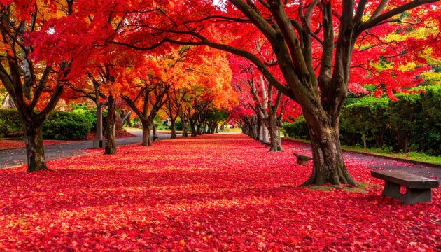 Autumnal pathway lined with vibrant red maple trees - Powered by Adobe