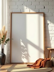 Mockup poster frame in modern minimalist interior with sunlight shadows, white brick wall, pampas grass vase, cozy blanket, and Scandinavian home decor