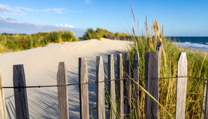 Sandy beach path, weathered wooden fence