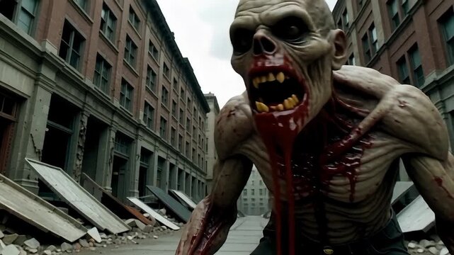 Terrifying mutant crawls through destroyed city street, blood drips from its gruesome mouth in horror scene