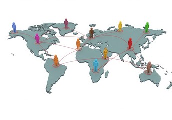 Obraz premium Colorful human figures connected across a world map isolated on white background