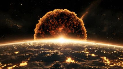 Earth-like planet at sunrise being struck by a colossal meteor, a fiery explosion erupts along the horizon.