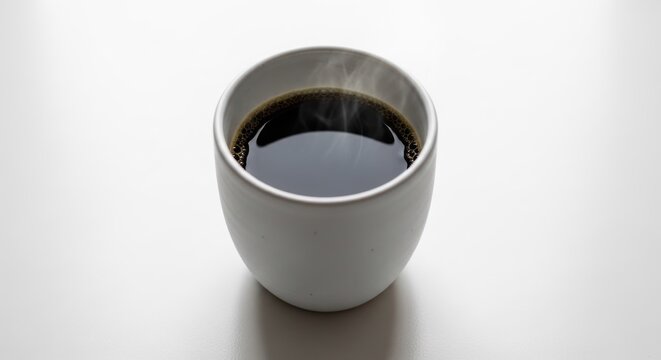 A steaming cup of black coffee on a white table. - Powered by Adobe