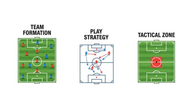 An illustrative diagram depicts soccer team formations, play strategies, and tactical zones, offering a visual guide for coaches and players to analyze game plans and improve performance.