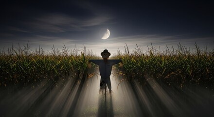 A scarecrow in a cornfield with a crescent moon in the background.