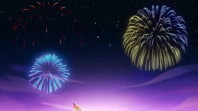 A cheerful animated scene of a cartoon family standing together outside, looking up at a sky full of colorful fireworks, with smiles and party hats