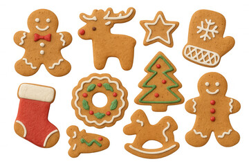 Gingerbread christmas cookies collection with various shapes, decorated with icing, celebrating festive winter holidays on transparent background