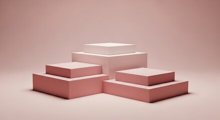 Minimalist pink geometric podiums arranged in a stepped formation with a white top podium, isolated on a soft pink background