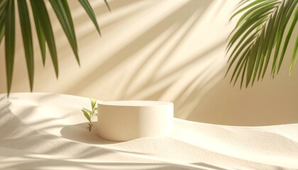 Minimalist beige display podium with tropical leaves