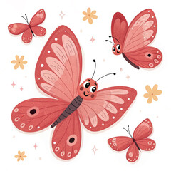 set of cartoon red colour butterflies 
