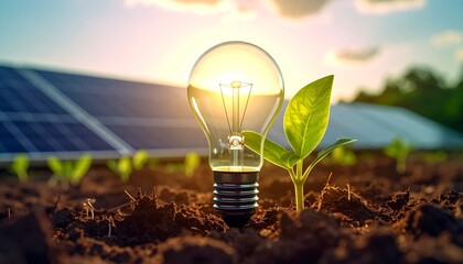 Sunlight, light bulb, and plant sprout in soil