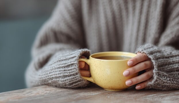Woman in knitwear holding a yellow mug - Powered by Adobe