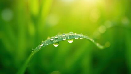 Dew drops glistening on green grass blade, crystal clear water droplets on vibrant lush foliage in early morning light. Concept of environmental awareness, gardening supplies, wellness products