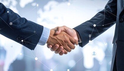 A close-up of a handshake between two business men in suits, digitally overlaid with network connections over a world map background