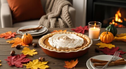 A cozy autumnal table setting with a pumpkin pie, candles, and fall leaves.