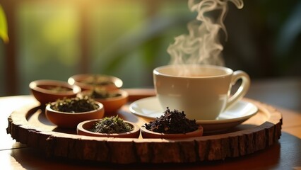 Fototapeta premium Steaming tea cup beside bowls of herbal blends on a tray, hot beverage with loose leaf teas in small ceramic dishes in a serene outdoor setting, wooden table with blurred green foliage