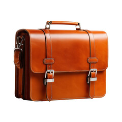 Classic vintage brown leather briefcase with buckles and handle isolated on transparent background