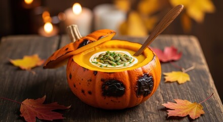A pumpkin soup in a carved pumpkin bowl with a wooden spoon, surrounded by autumn leaves and candles on a rustic wooden table.