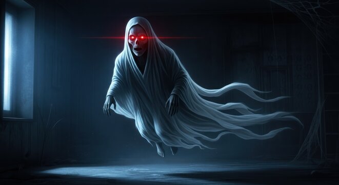 A ghostly figure with glowing red eyes and a white cloak, floating in a dark, eerie room with a window and a window sill.