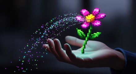 A hand holding a pixelated flower with a glowing trail of particles.